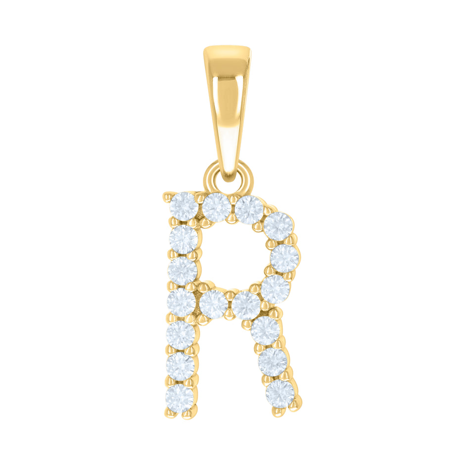 925 Sterling Silver Yellow-tone Unisex Cubic-Zirconia Initial R Alphabet Charm Pendant