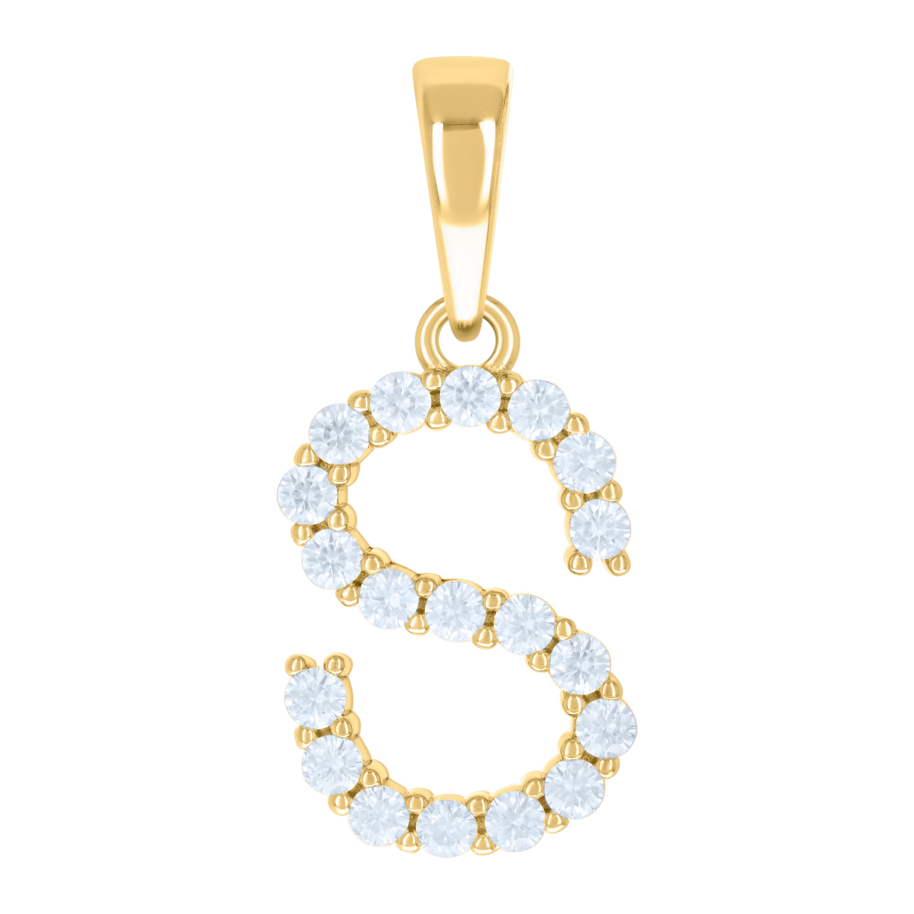 925 Sterling Silver Yellow-tone Unisex Cubic-Zirconia Initial S Alphabet Charm Pendant
