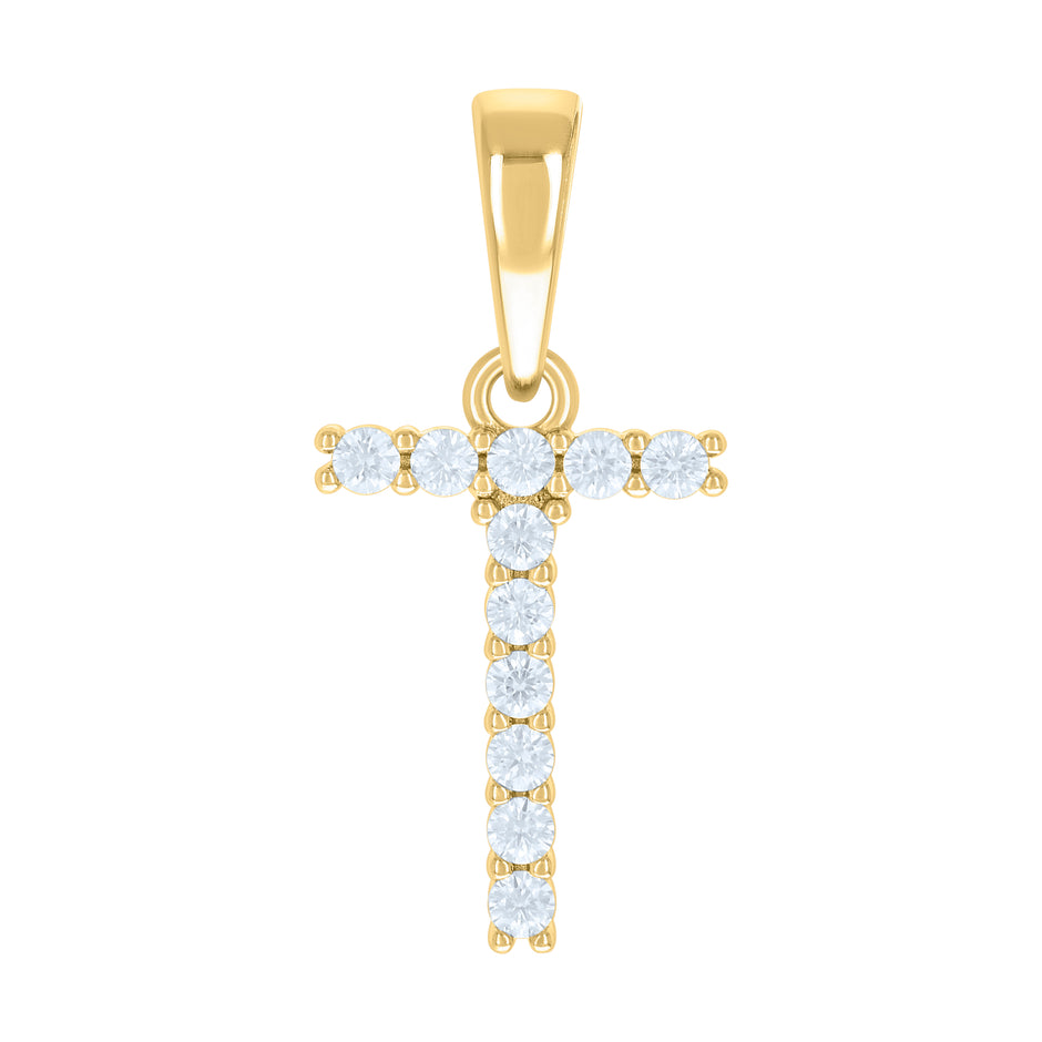 925 Sterling Silver Yellow-tone Unisex Cubic-Zirconia Initial T Alphabet Charm Pendant