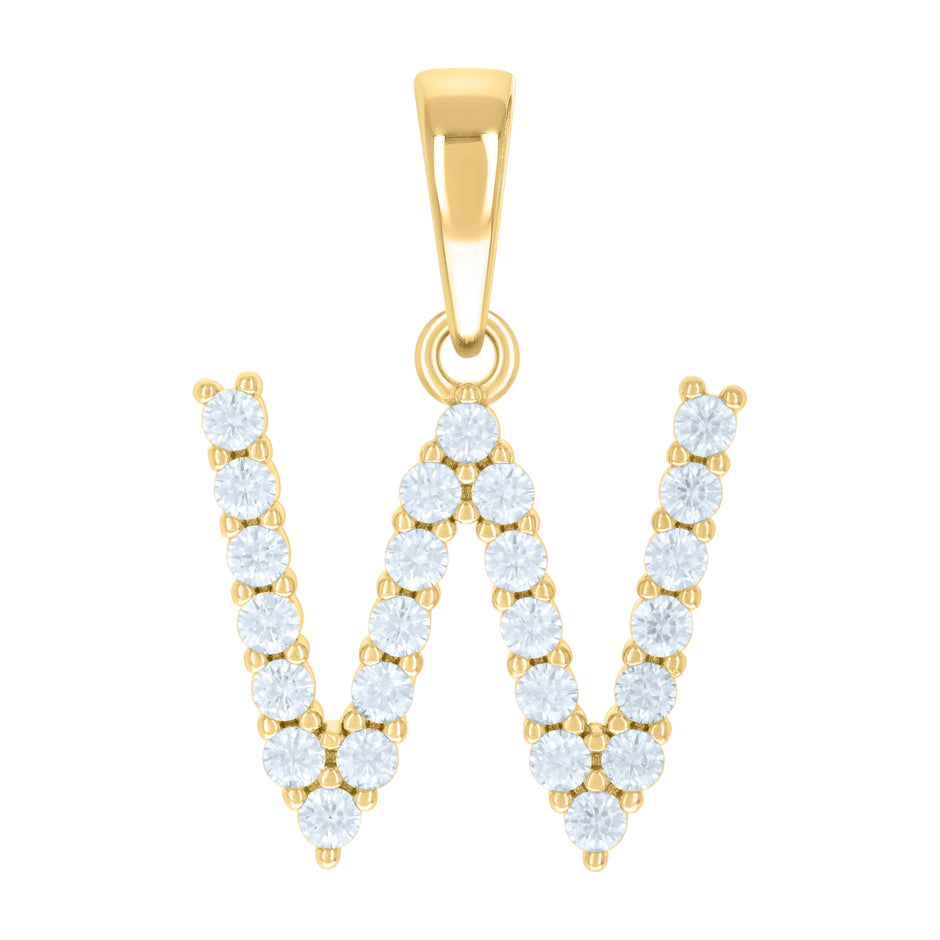 925 Sterling Silver Yellow-tone Unisex Cubic-Zirconia Initial W Alphabet Charm Pendant