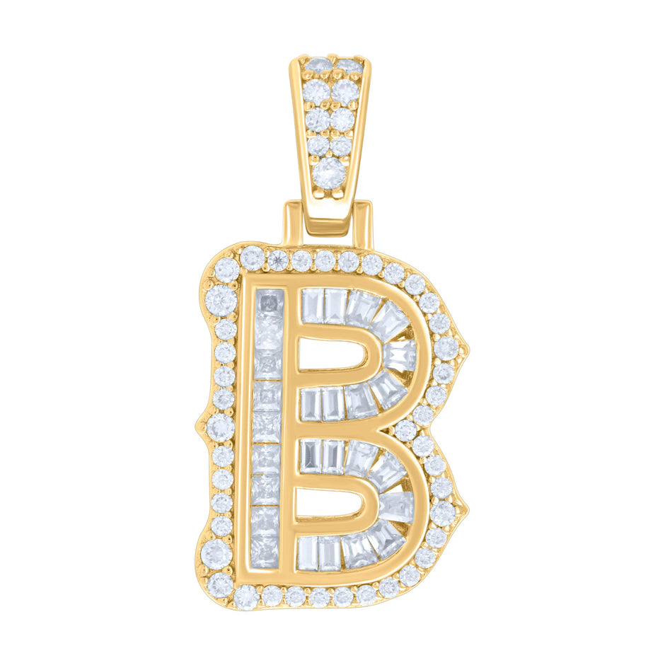 925 Sterling Silver Yellow-tone Unisex 0.42Ct, 0.50Ct Baguette Round Moissanite Initial B Pendant