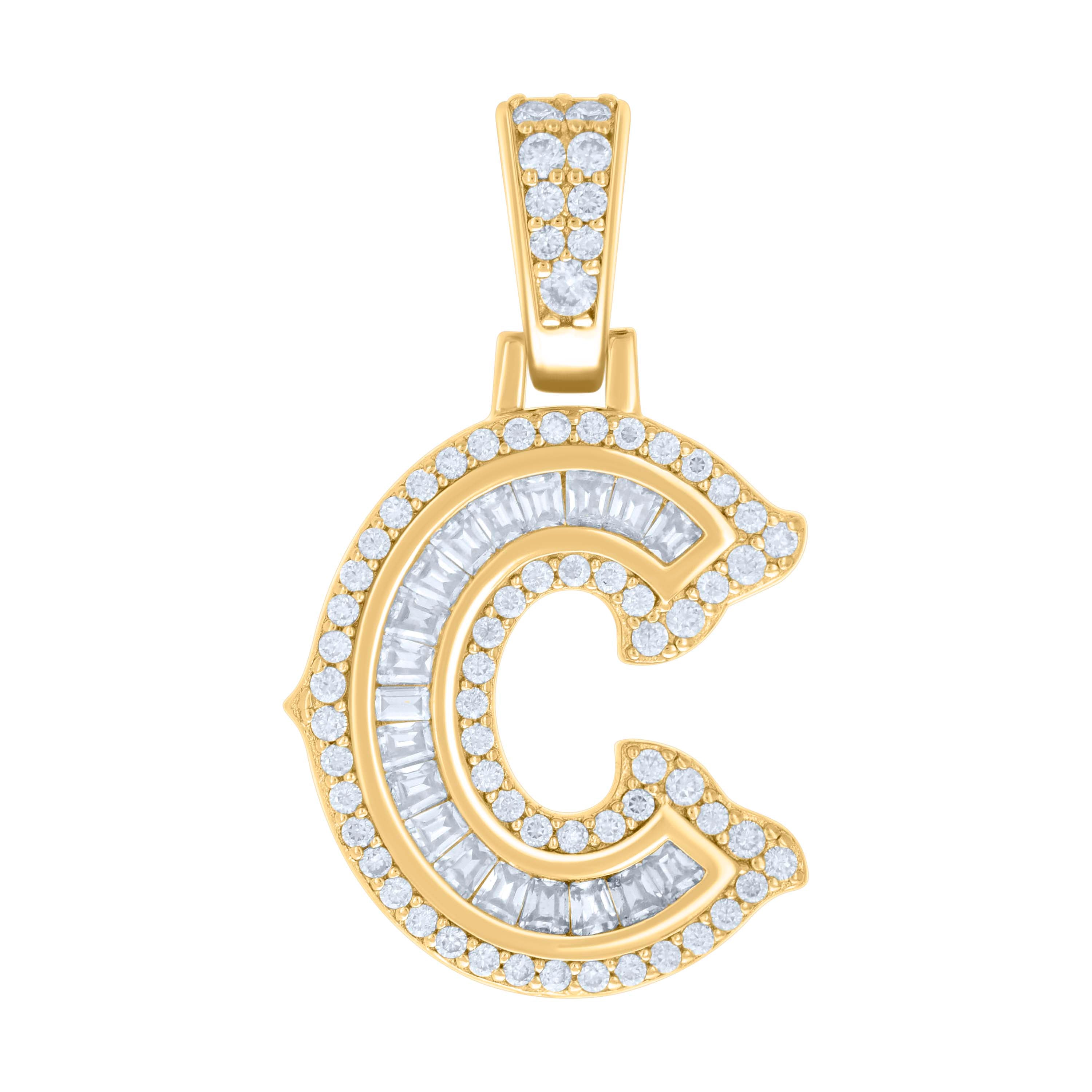 925 Sterling Silver Yellow-tone Unisex 0.48Ct, 0.31Ct Baguette Round Moissanite Initial C Pendant