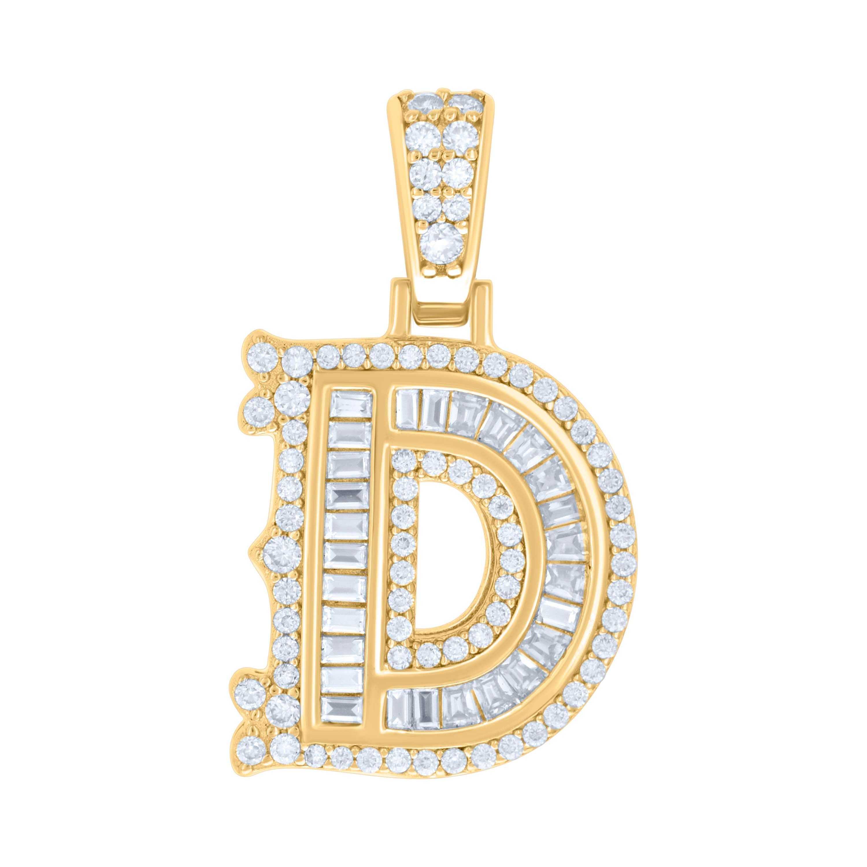 925 Sterling Silver Yellow-tone Unisex 0.55Ct, 0.51Ct Baguette Round Moissanite Initial D Pendant
