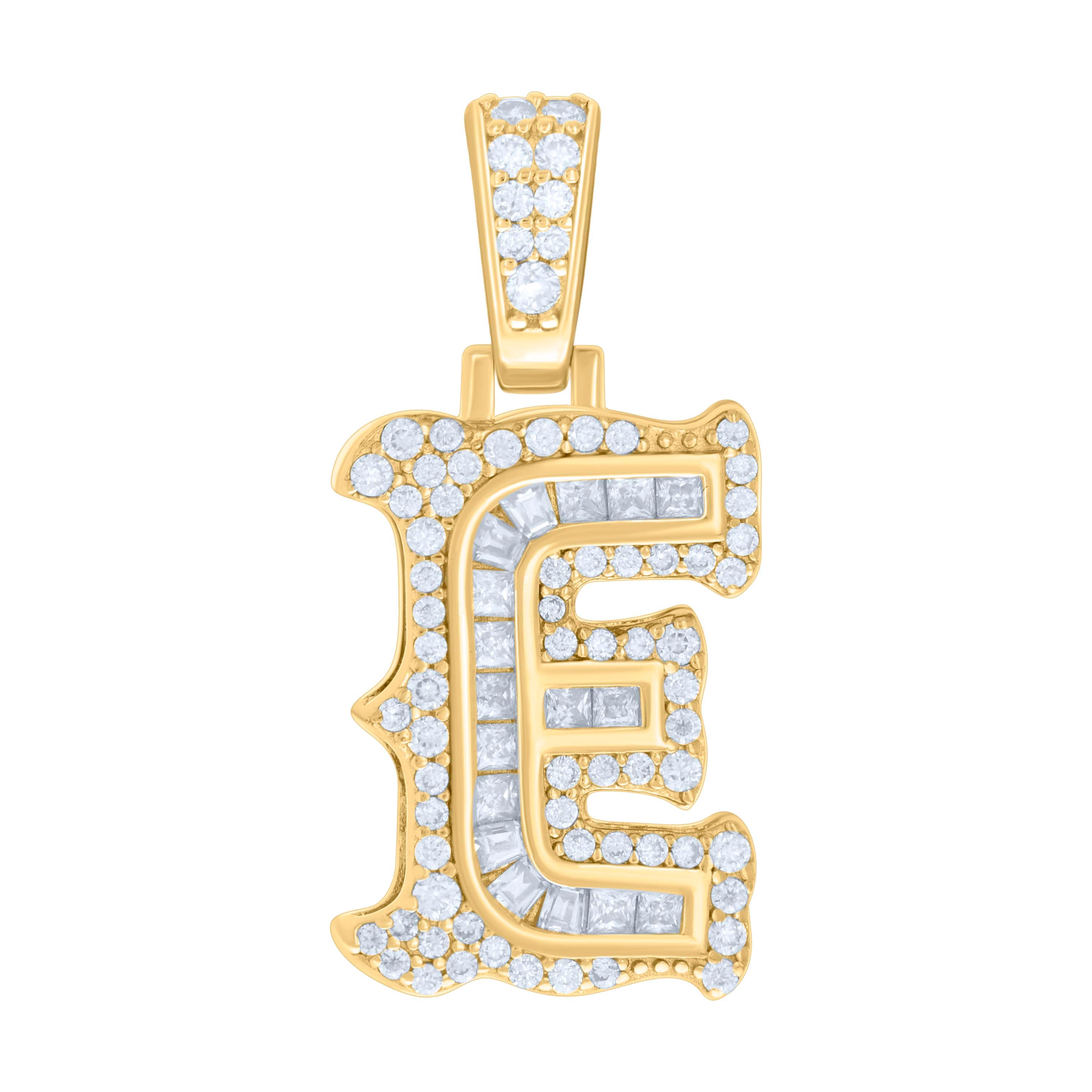 925 Sterling Silver Yellow-tone Unisex 0.54Ct, 0.36Ct Baguette Round Moissanite Initial E Pendant