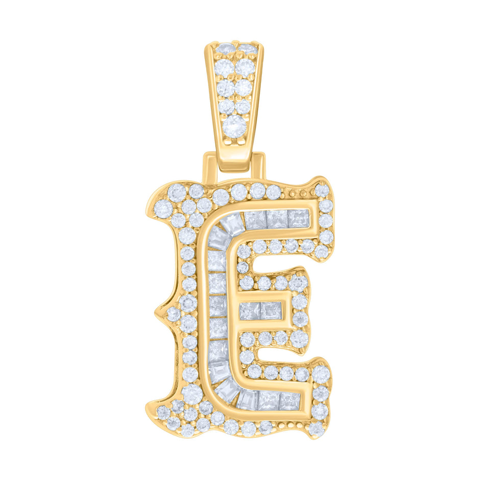 925 Sterling Silver Yellow-tone Unisex 0.54Ct, 0.36Ct Baguette Round Moissanite Initial E Pendant