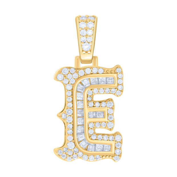925 Sterling Silver Yellow-tone Unisex 0.54Ct, 0.36Ct Baguette Round Moissanite Initial E Pendant