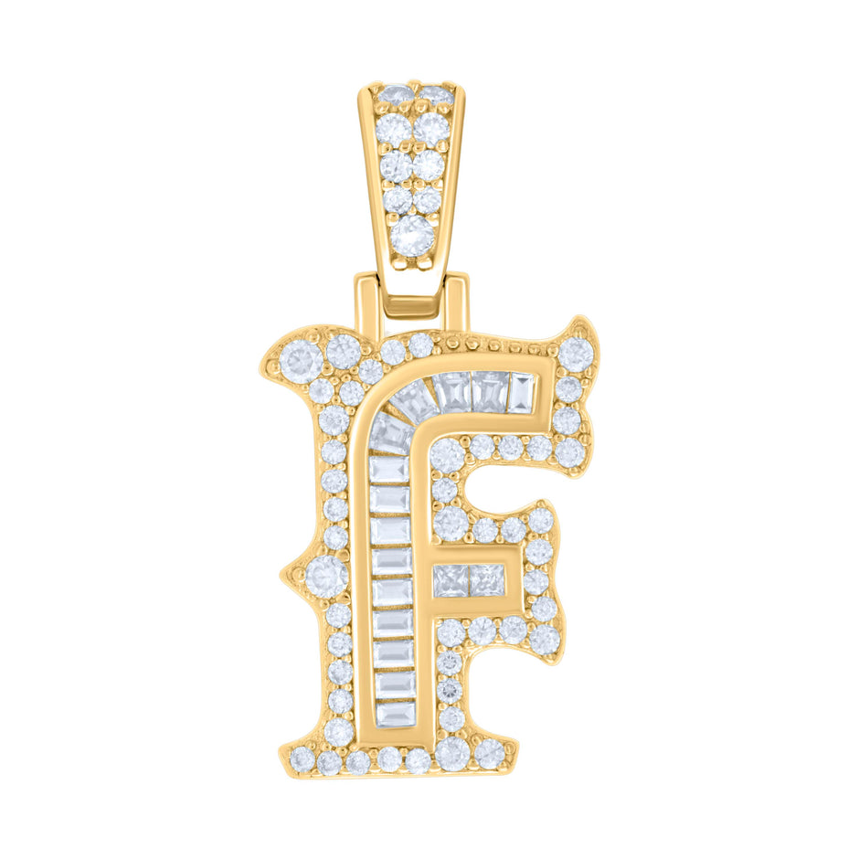 925 Sterling Silver Yellow-tone Unisex 0.51Ct, 0.35Ct Baguette Round Moissanite Initial F Pendant