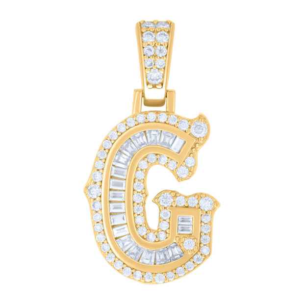 925 Sterling Silver Yellow-tone Unisex 0.51Ct, 0.35Ct Baguette Round Moissanite Initial G Pendant