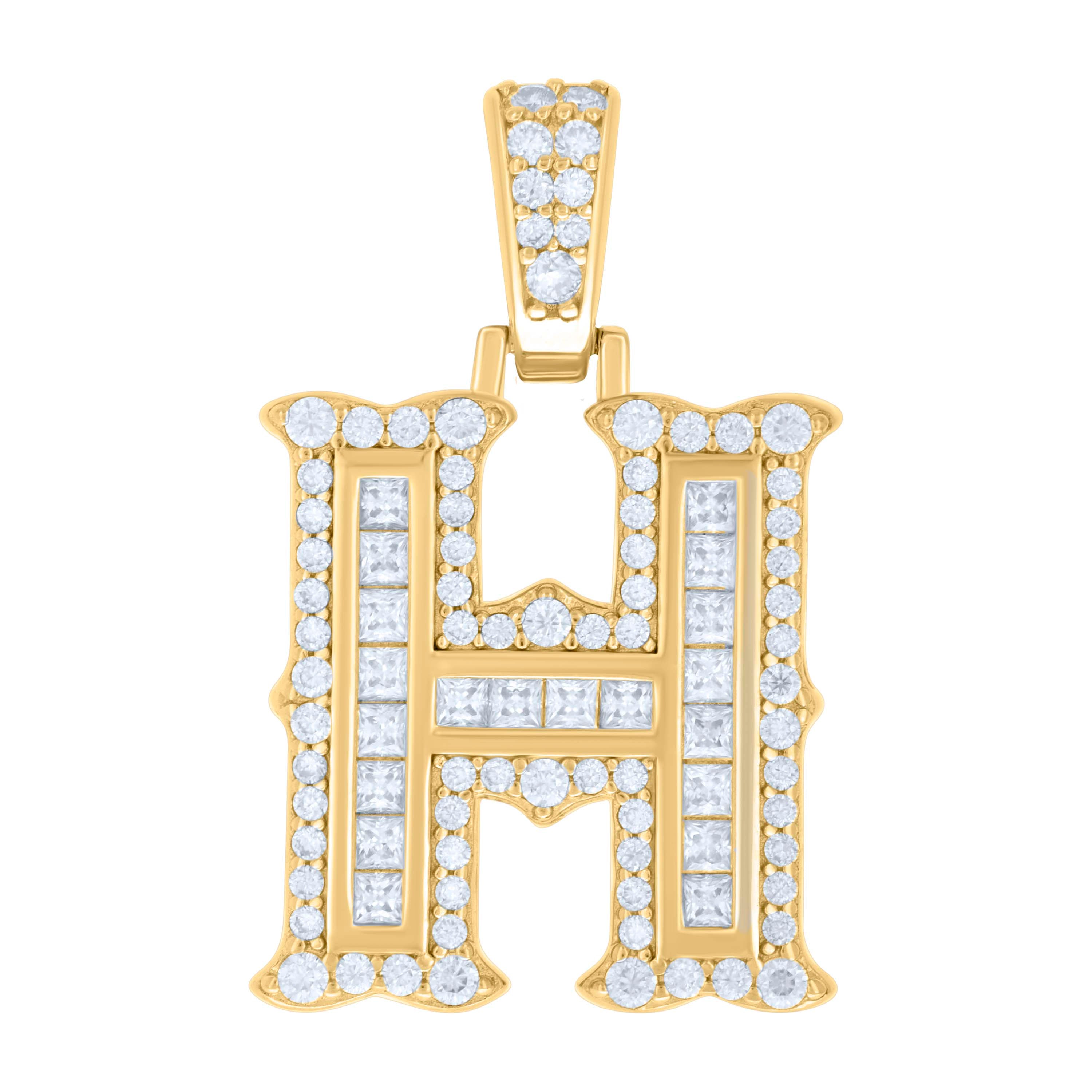 925 Sterling Silver Yellow-tone Unisex 0.64Ct, 0.48Ct Baguette Round Moissanite Initial H Pendant