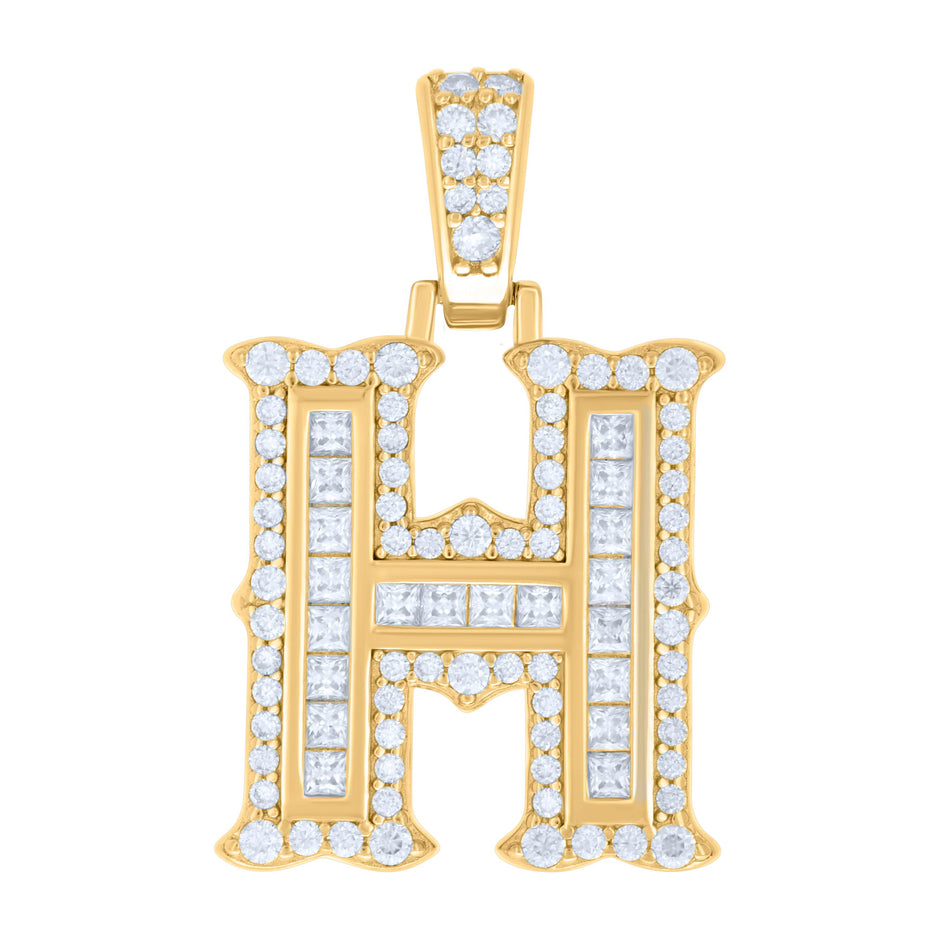 925 Sterling Silver Yellow-tone Unisex 0.64Ct, 0.48Ct Baguette Round Moissanite Initial H Pendant