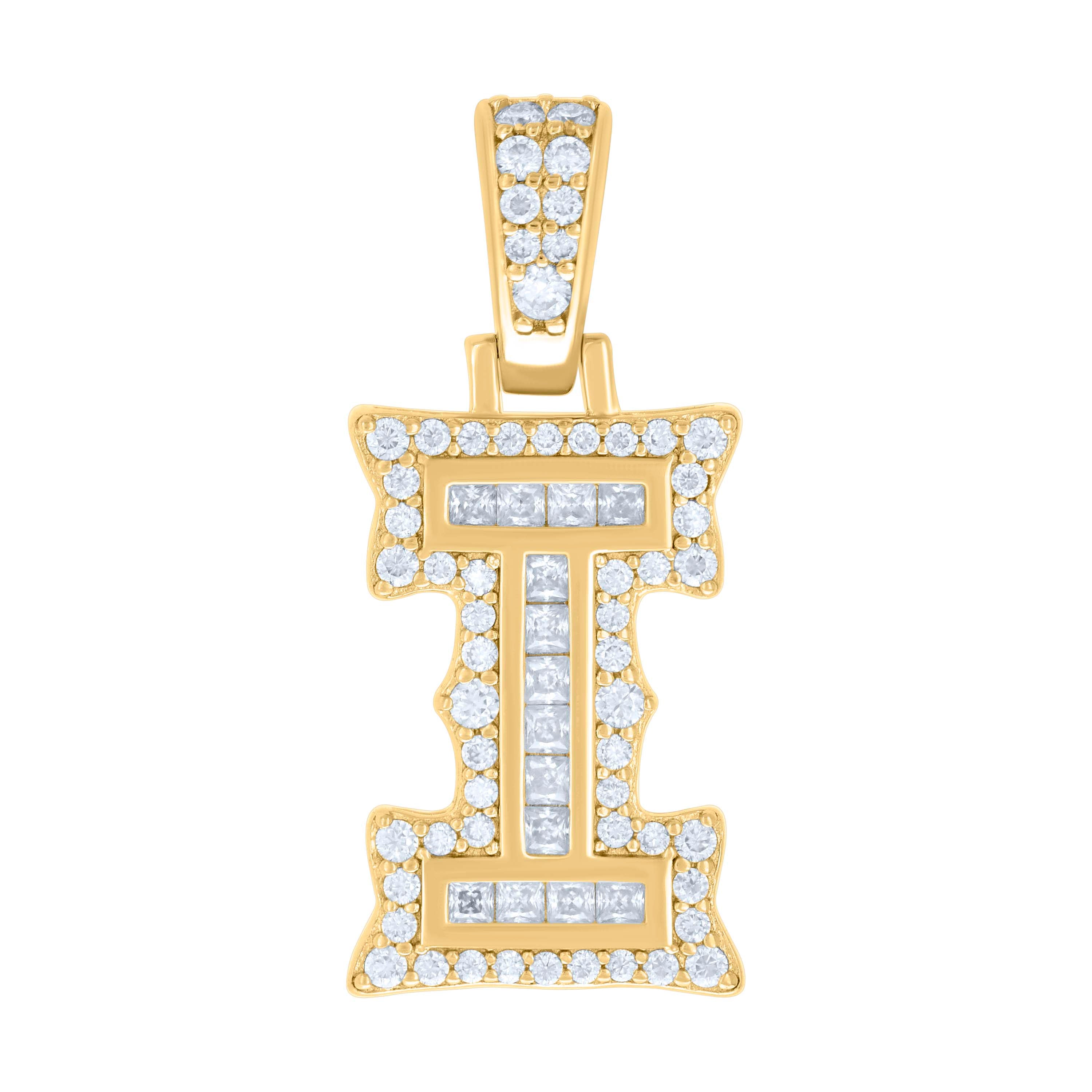 925 Sterling Silver Yellow-tone Unisex 0.49Ct, 0.26Ct Baguette Round Moissanite Initial I Pendant