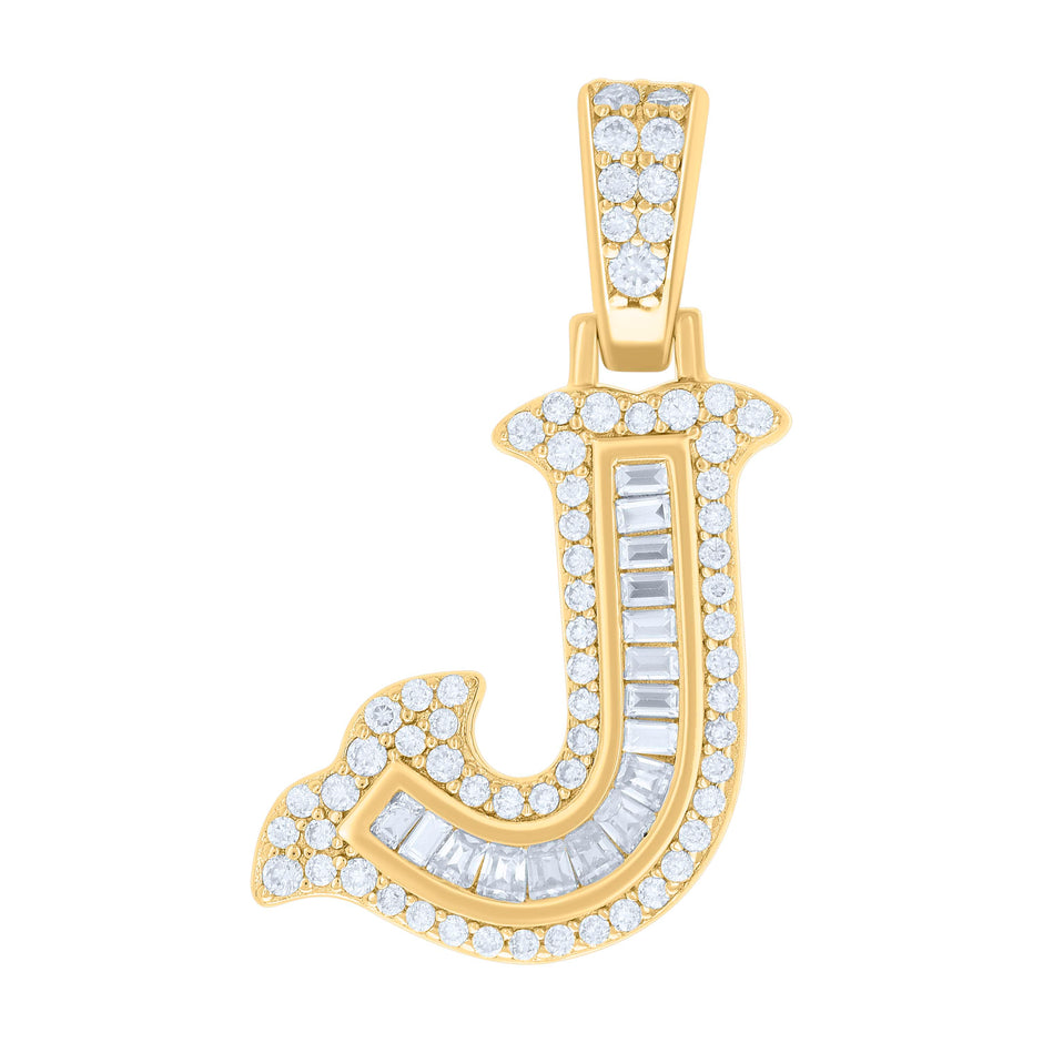 925 Sterling Silver Yellow-tone Unisex 0.50Ct, 0.31Ct Baguette Round Moissanite Initial J Pendant