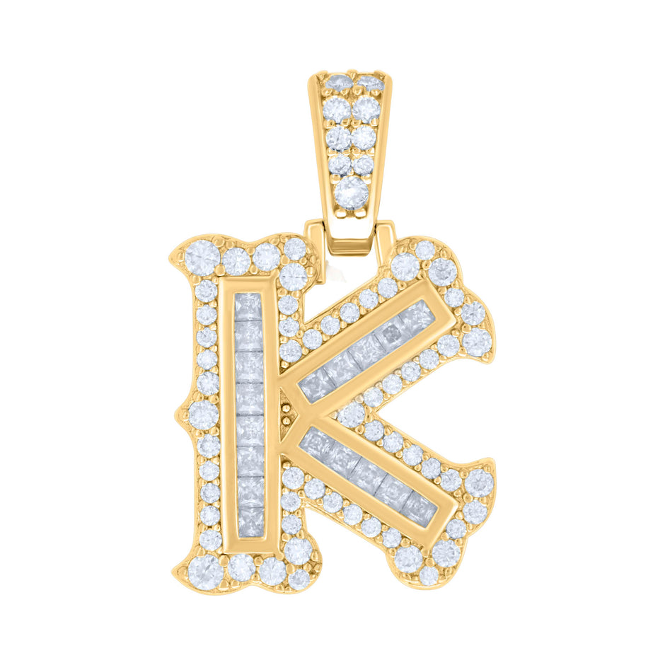 925 Sterling Silver Yellow-tone Unisex 0.64Ct, 0.34Ct Baguette Round Moissanite Initial K Pendant