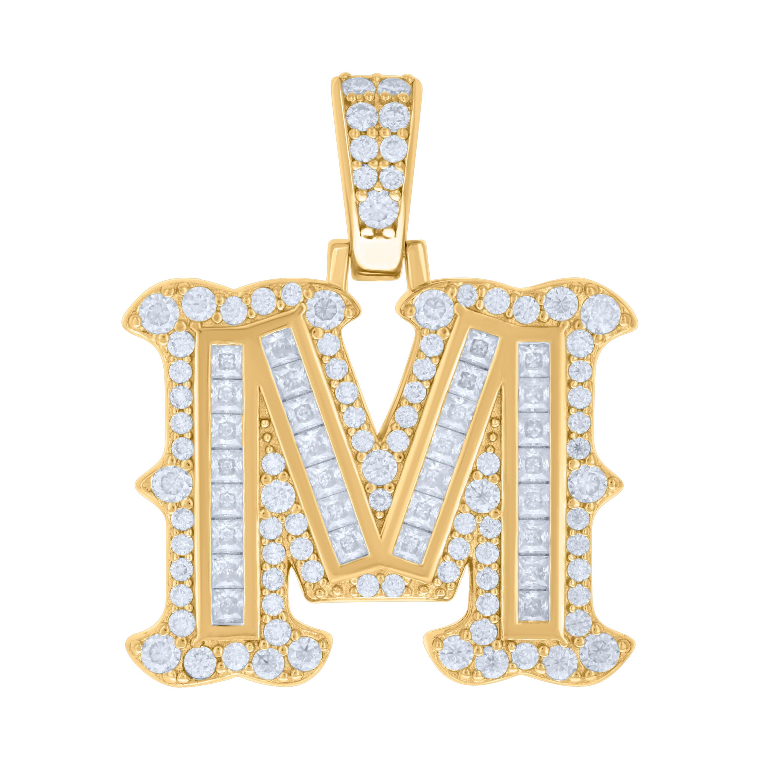 925 Sterling Silver Yellow-tone Unisex 0.90Ct, 0.57Ct Baguette Round Moissanite Initial M Pendant