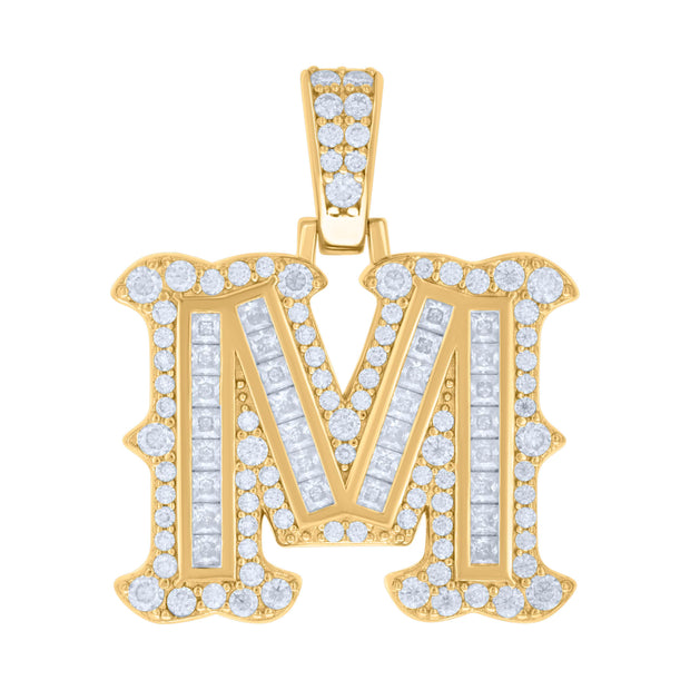 925 Sterling Silver Yellow-tone Unisex 0.90Ct, 0.57Ct Baguette Round Moissanite Initial M Pendant