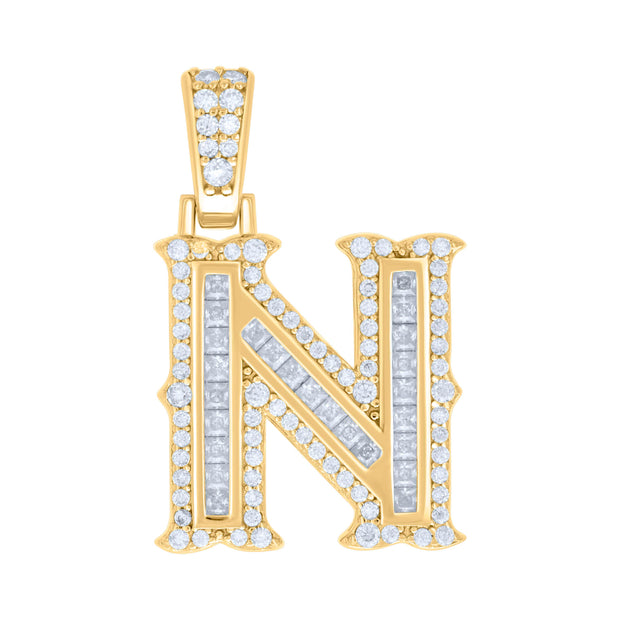 925 Sterling Silver Yellow-tone Unisex 0.59Ct, 0.47Ct Baguette Round Moissanite Initial N Pendant