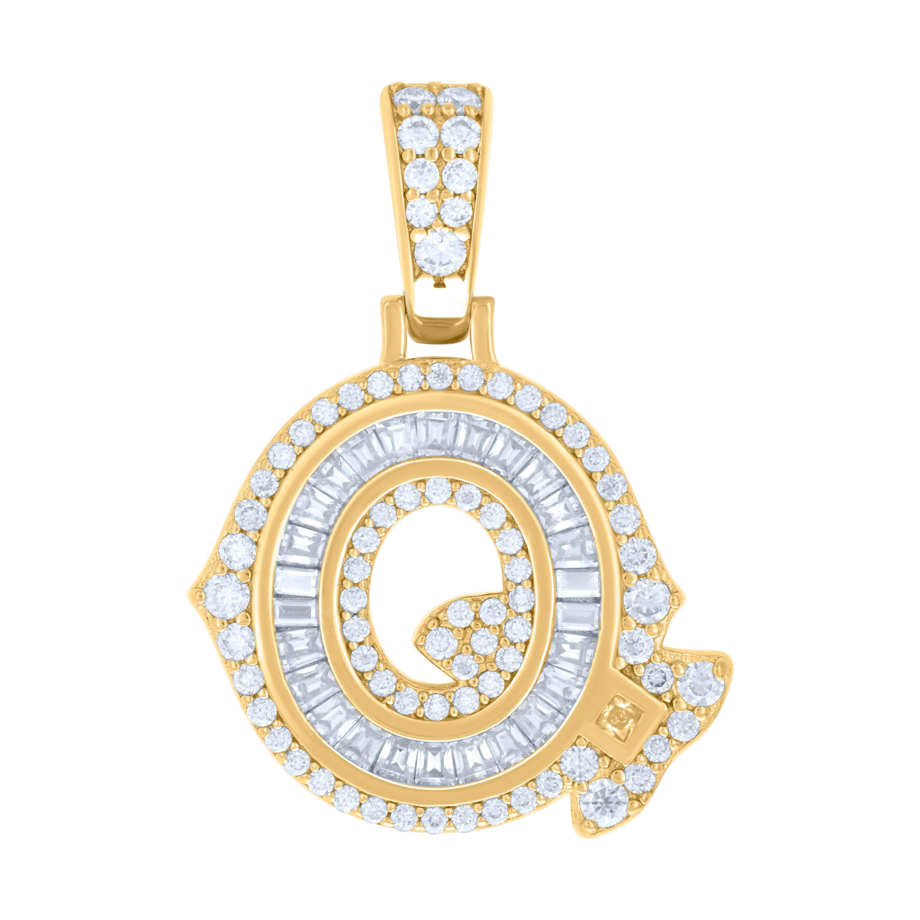 925 Sterling Silver Yellow-tone Unisex 0.67Ct, 0.46Ct Baguette Round Moissanite Initial Q Pendant
