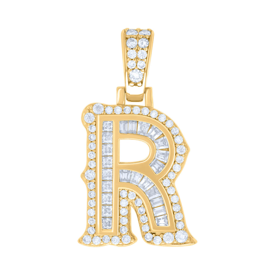 925 Sterling Silver Yellow-tone Unisex 0.48Ct, 0.48Ct Baguette Round Moissanite Initial R Pendant