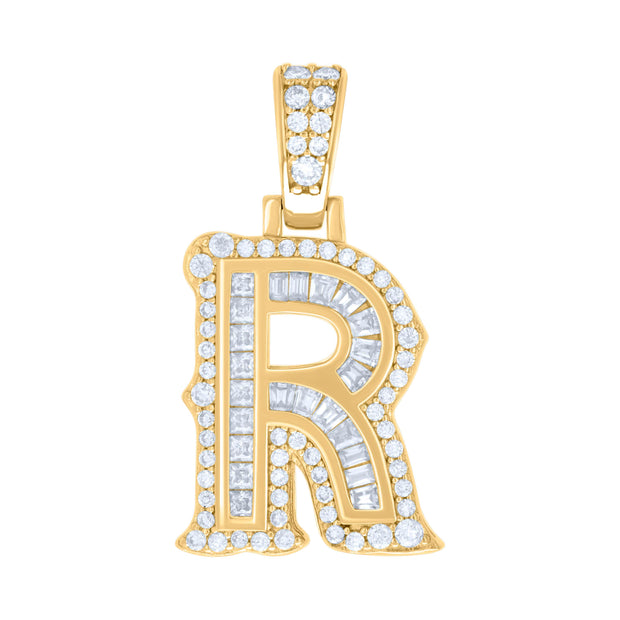 925 Sterling Silver Yellow-tone Unisex 0.48Ct, 0.48Ct Baguette Round Moissanite Initial R Pendant