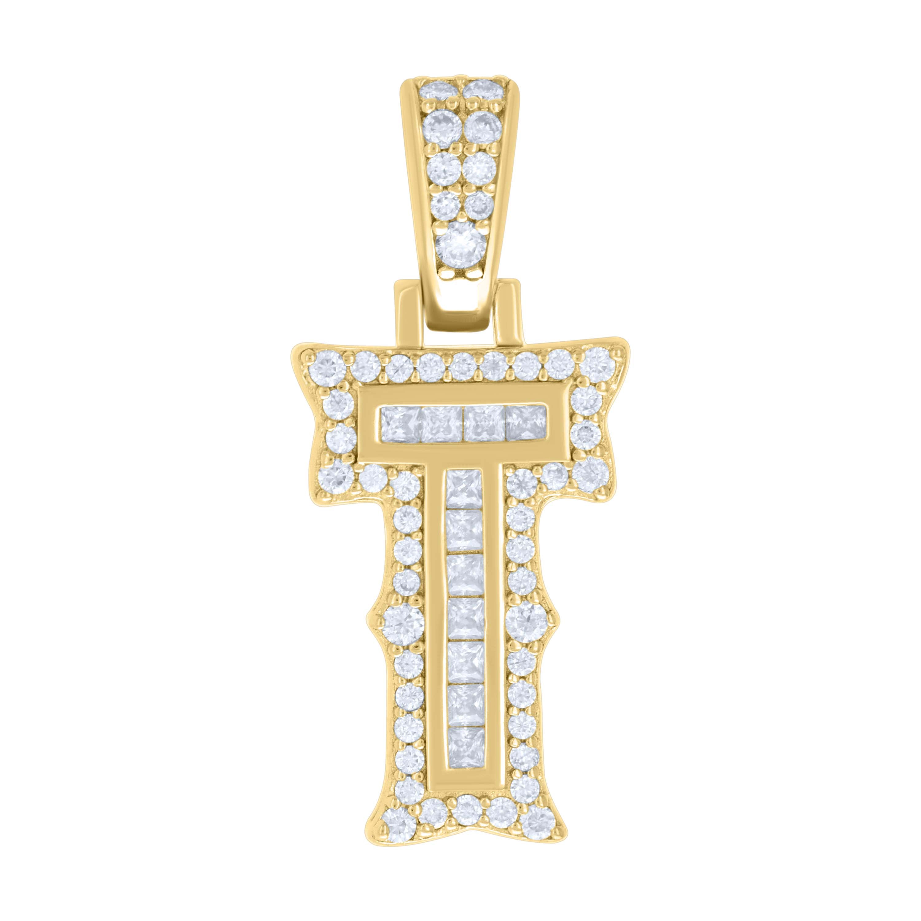 925 Sterling Silver Yellow-tone Unisex 0.44Ct, 0.21Ct Baguette Round Moissanite Initial T Pendant
