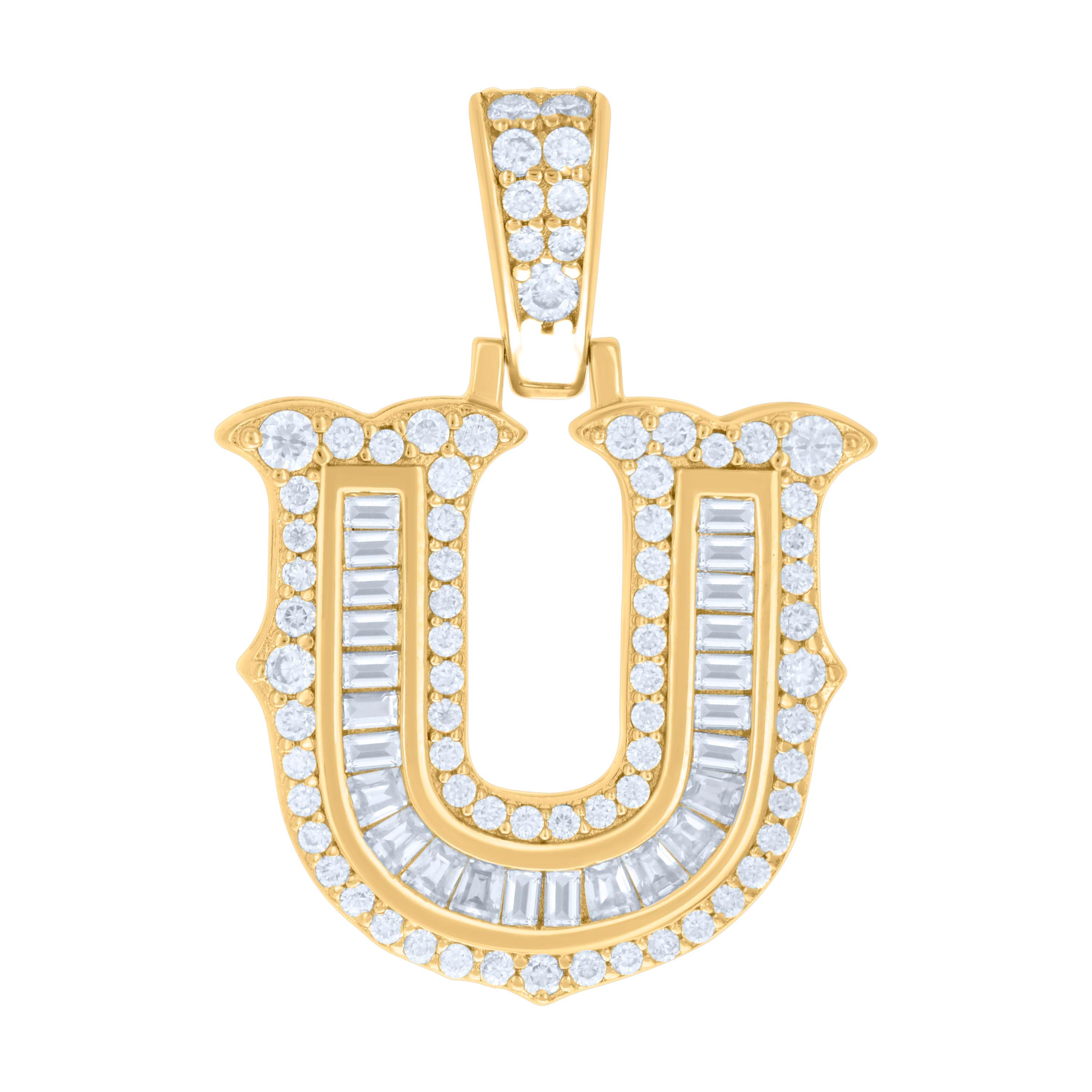 925 Sterling Silver Yellow-tone Unisex 0.61Ct, 0.26Ct Baguette Round Moissanite Initial U Pendant