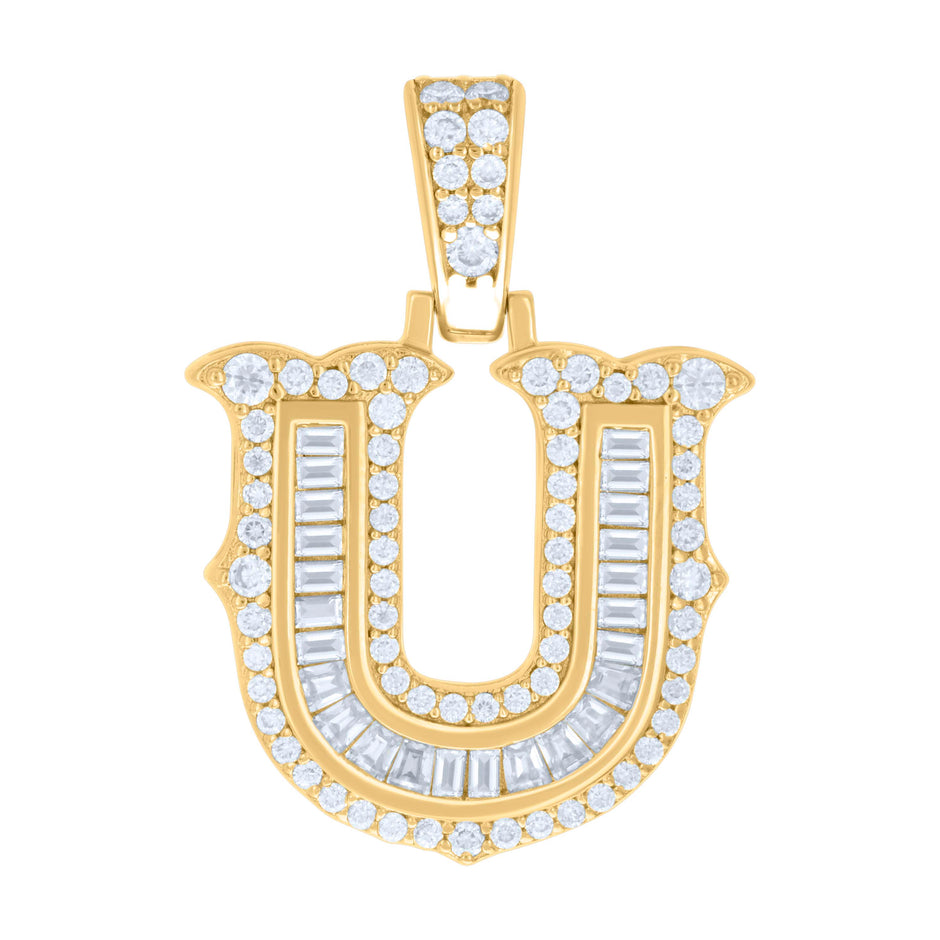 925 Sterling Silver Yellow-tone Unisex 0.61Ct, 0.26Ct Baguette Round Moissanite Initial U Pendant