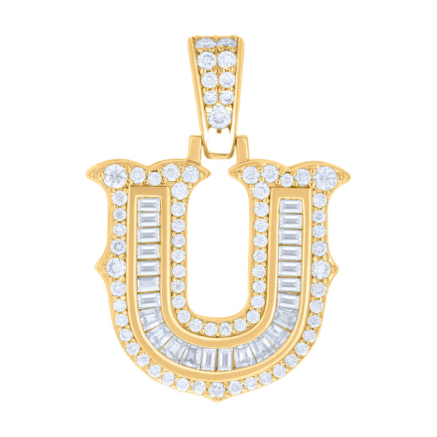 925 Sterling Silver Yellow-tone Unisex 0.61Ct, 0.26Ct Baguette Round Moissanite Initial U Pendant