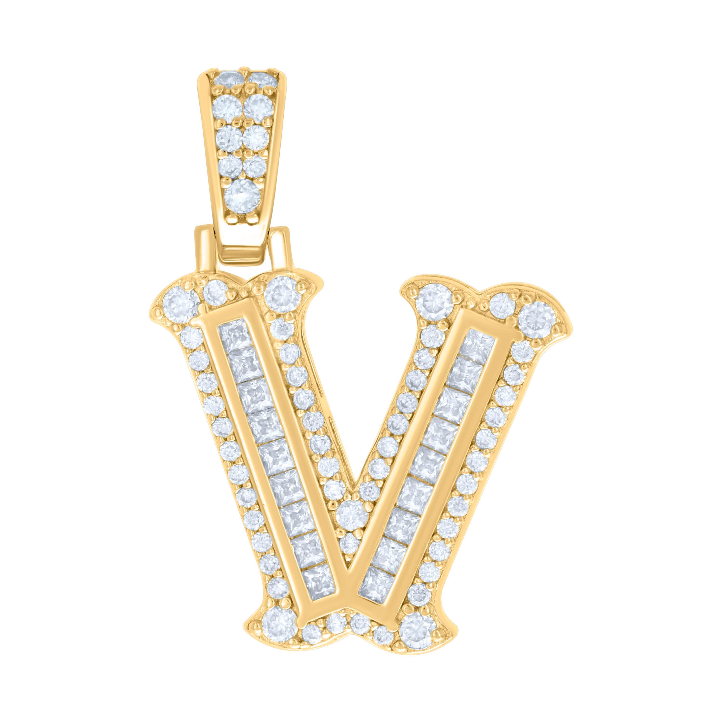 925 Sterling Silver Yellow-tone Unisex 0.61Ct, 0.34Ct Baguette Round Moissanite Initial V Pendant