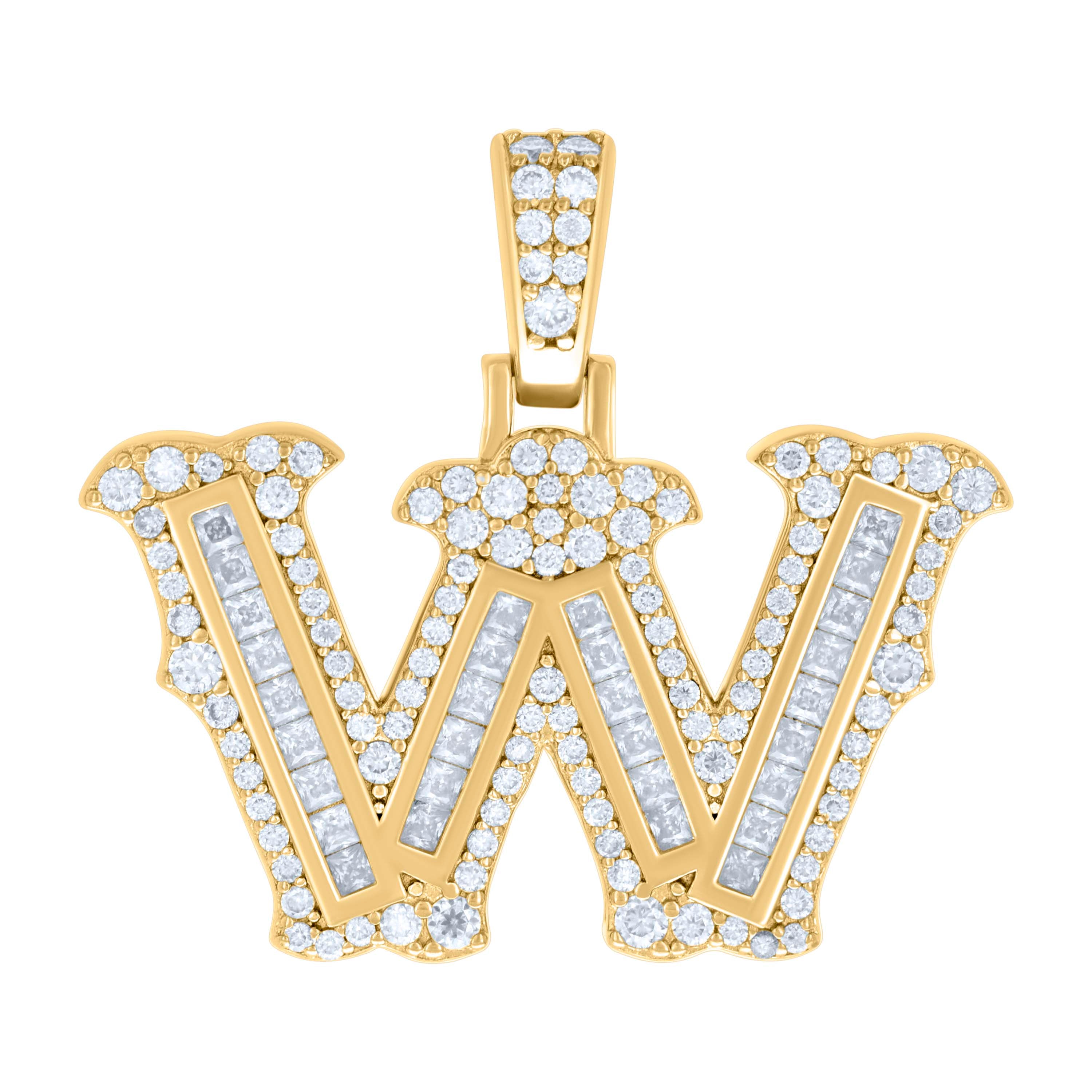 925 Sterling Silver Yellow-tone Unisex 0.97Ct, 0.57Ct Baguette Round Moissanite Initial W Pendant