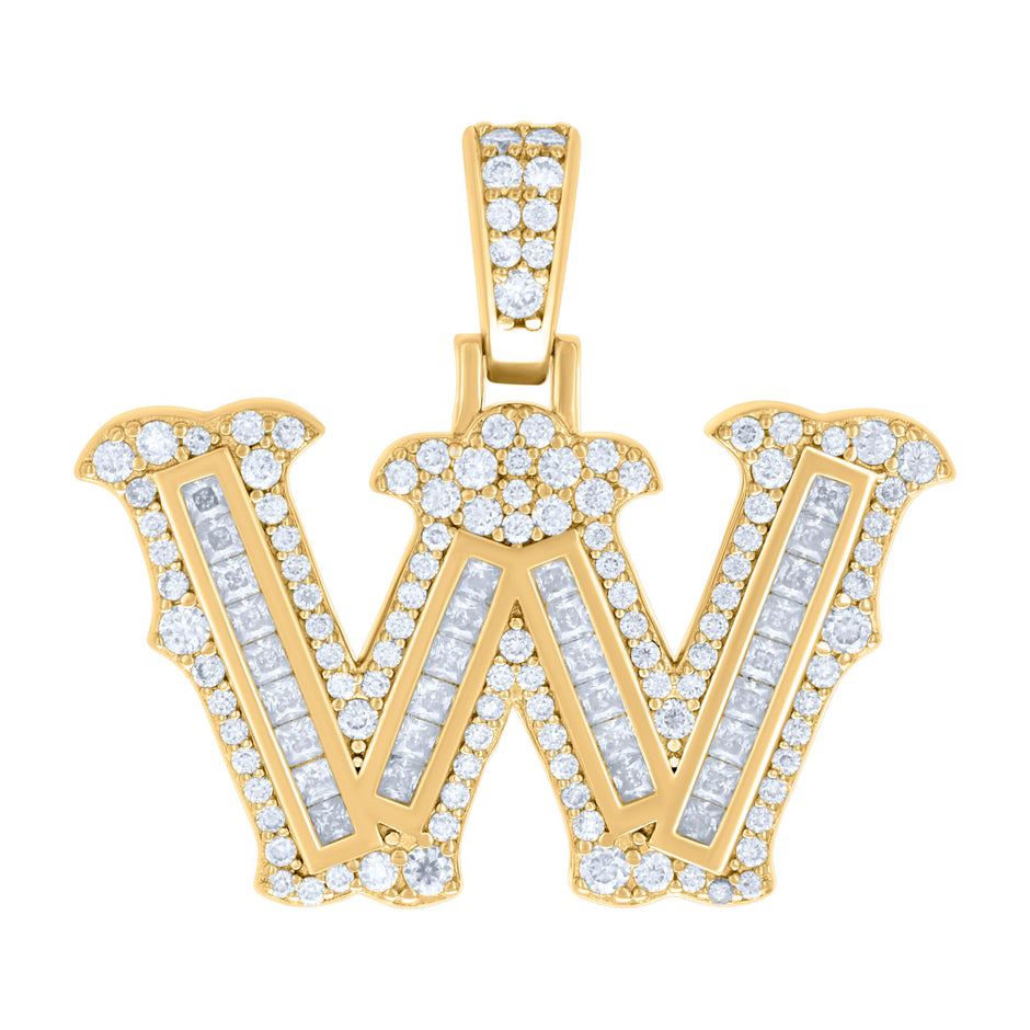 925 Sterling Silver Yellow-tone Unisex 0.97Ct, 0.57Ct Baguette Round Moissanite Initial W Pendant