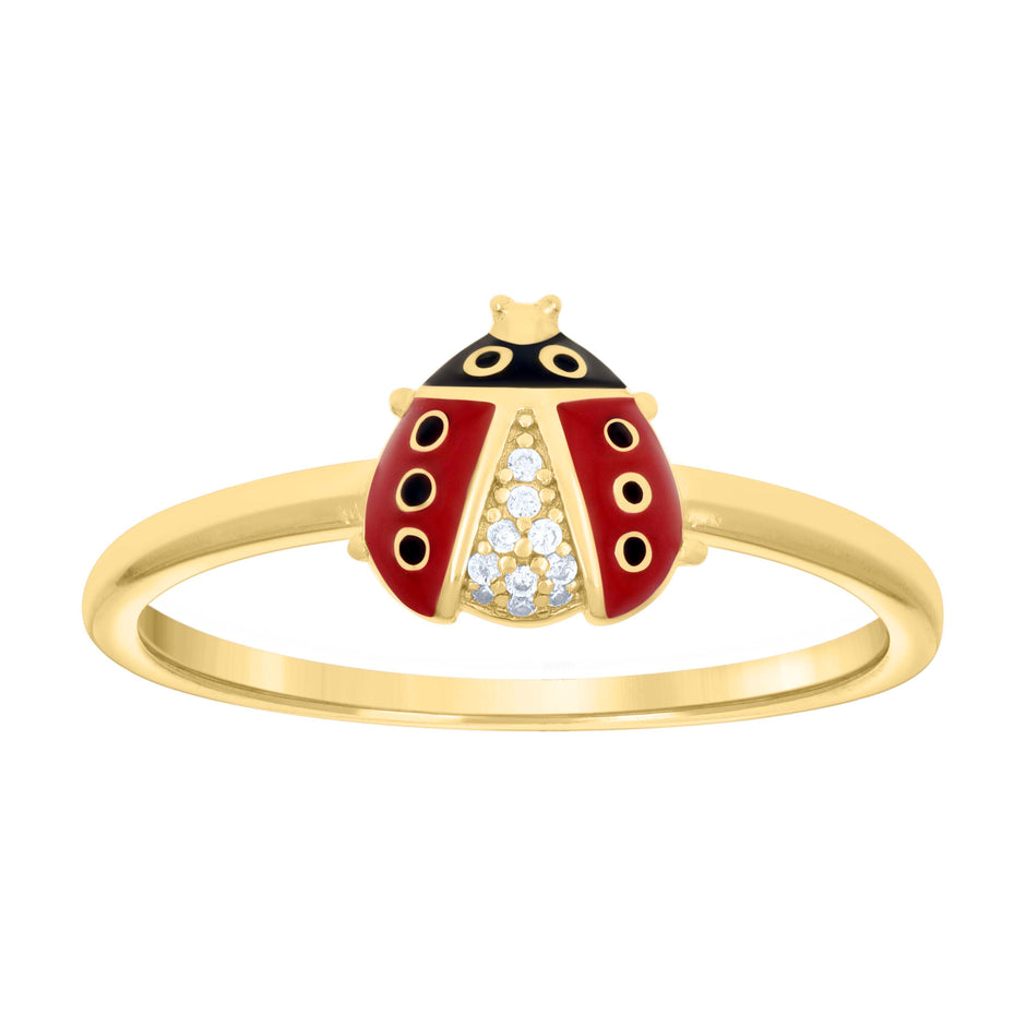 925 Sterling Silver Yellow-tone Womens Cubic-Zirconia Enameled Ladybug Fashion Ring Size 5