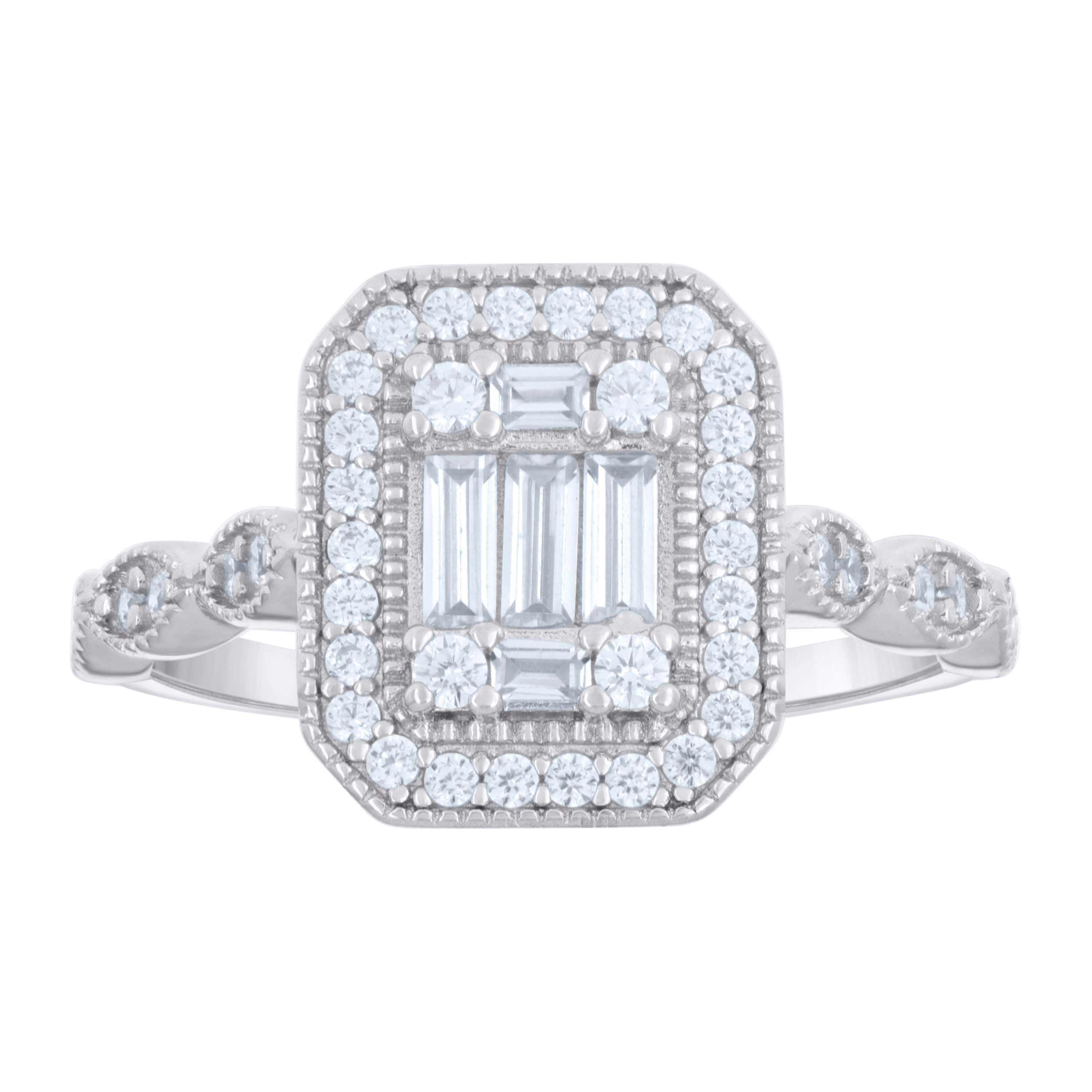 925 Sterling Silver Womens Baguette Round Cubic-Zirconia Engagement Ring Size 5