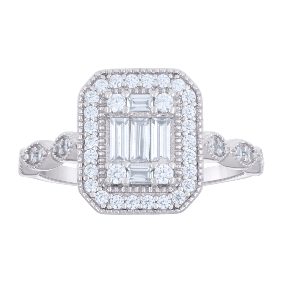 925 Sterling Silver Womens Baguette Round Cubic-Zirconia Engagement Ring Size 6 - SLV-133208