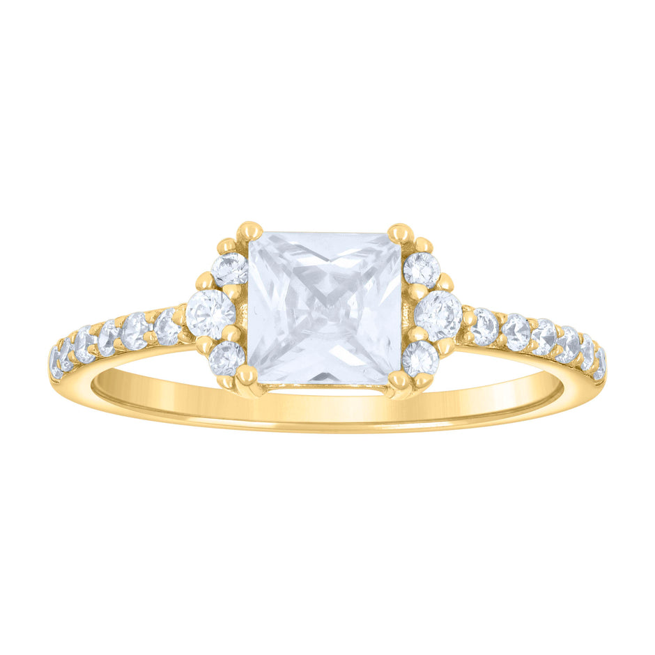 925 Sterling Silver Yellow-tone Womens Princess-Cut Round Cubic-Zirconia Engagement Ring Size 5