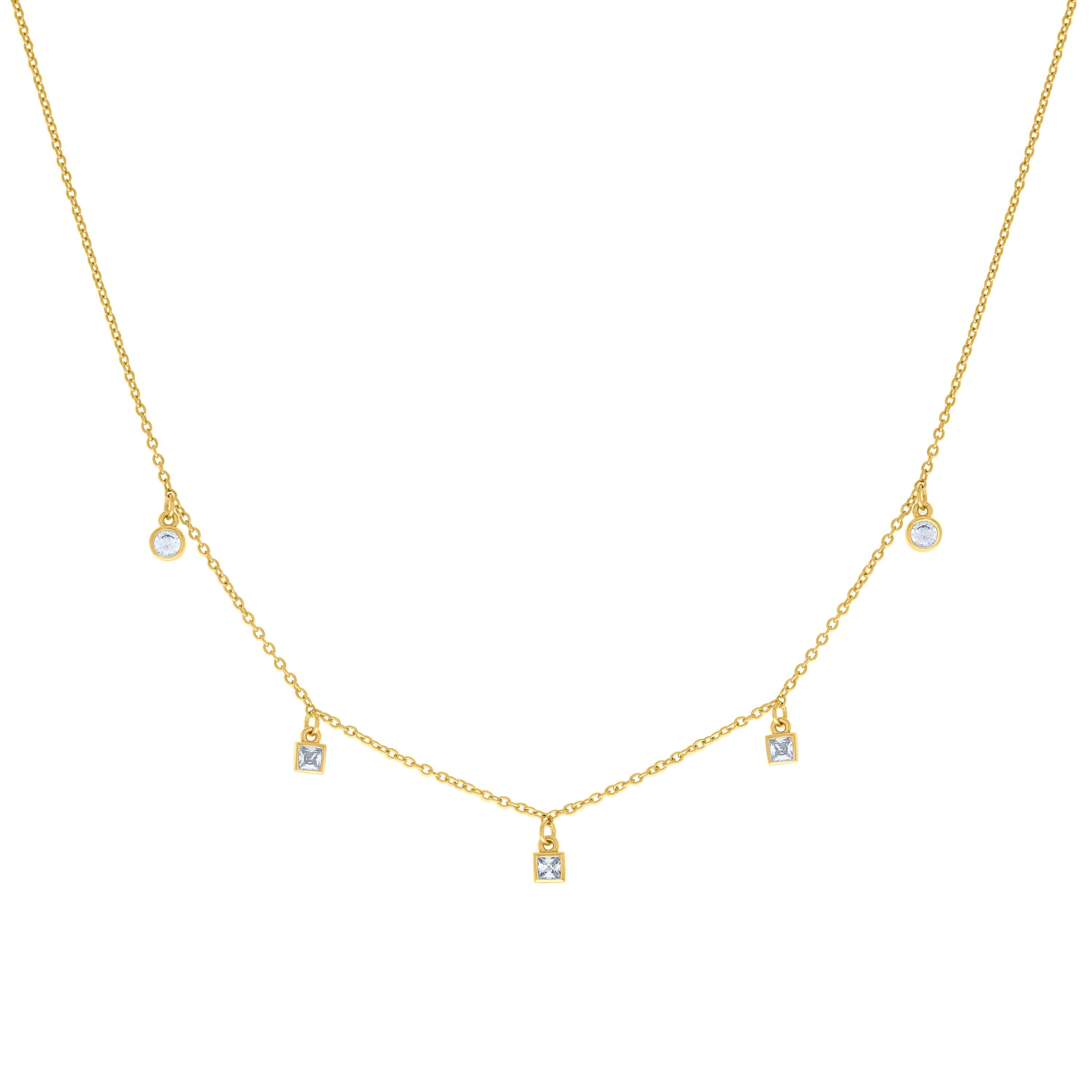 925 Sterling Silver Yellow-tone Womens Princess-Cut Round Cubic-Zirconia Station Charm Necklace 