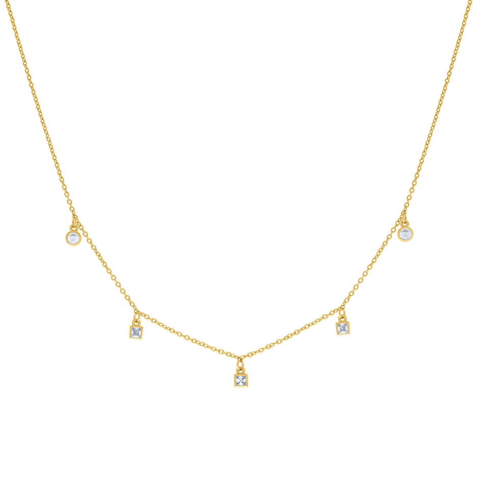 925 Sterling Silver Yellow-tone Womens Princess-Cut Round Cubic-Zirconia Station Charm Necklace 