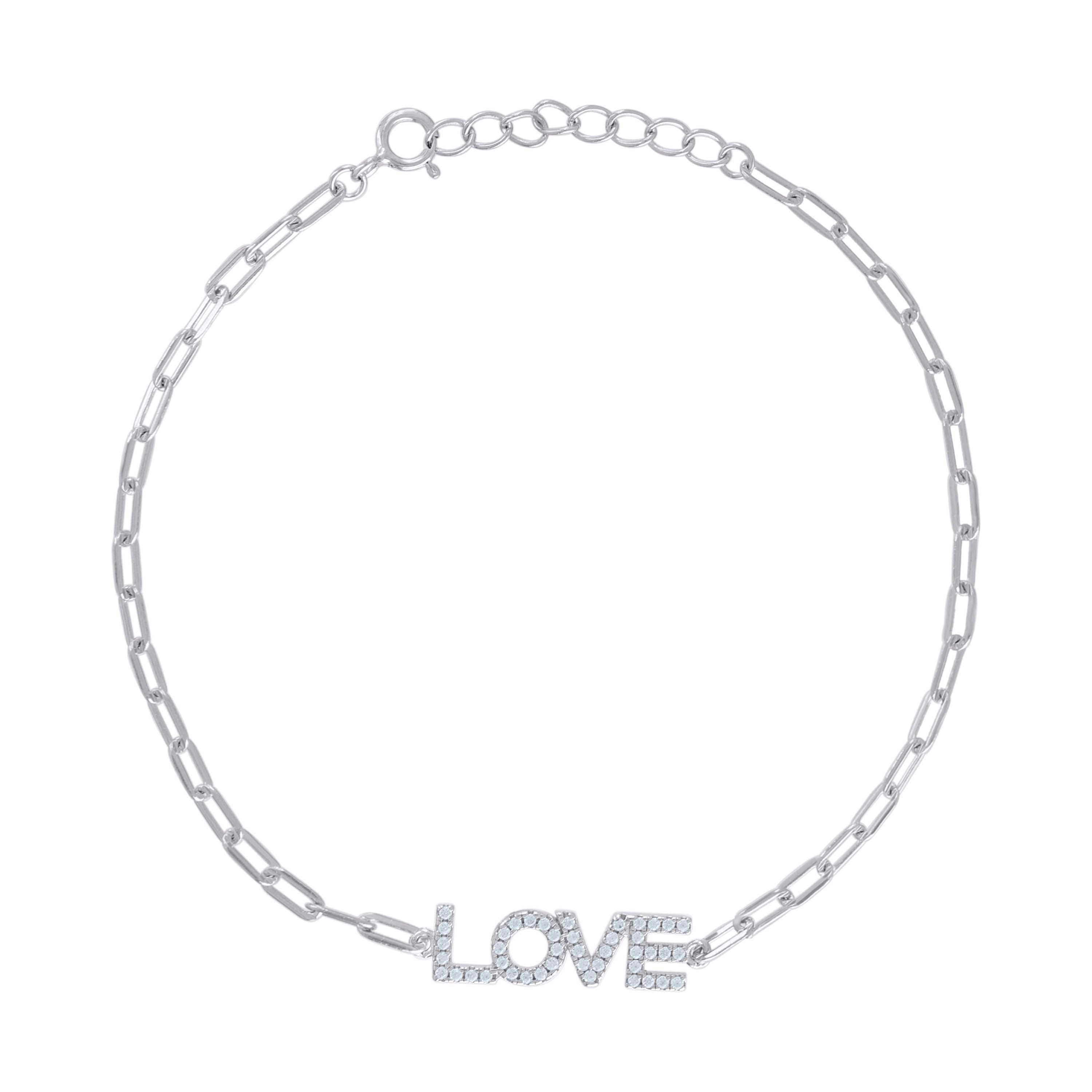 925 Sterling Silver Womens Cubic-Zirconia LOVE Charm Bracelet Size 7 + 1 Inches