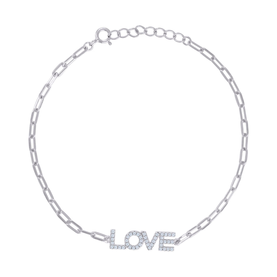 925 Sterling Silver Womens Cubic-Zirconia LOVE Charm Bracelet Size 7 + 1 Inches