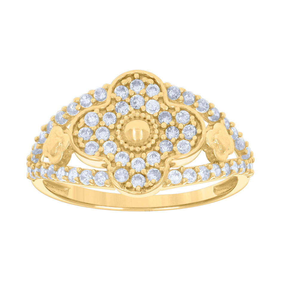 10kt Yellow Gold Womens Cubic-Zirconia Clover Good Luck Ring 