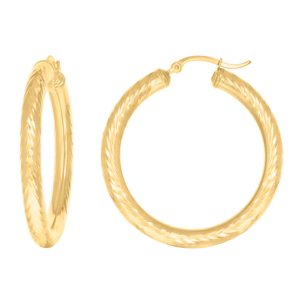 10Kt Yellow Gold Womens Round Tube Diamond-cut Patterned Fancy Hoop Earrings 4mm-38
