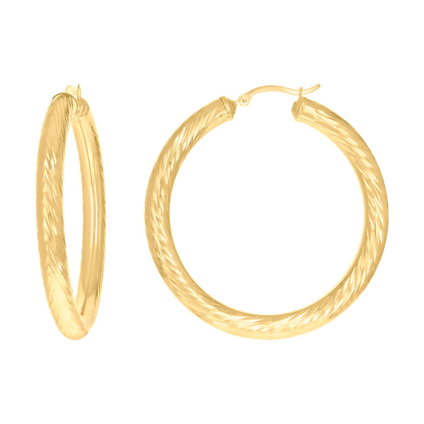 10Kt Yellow Gold Womens Round Tube Diamond-cut Patterned Fancy Hoop Earrings 5mm-50 - SLV-133817