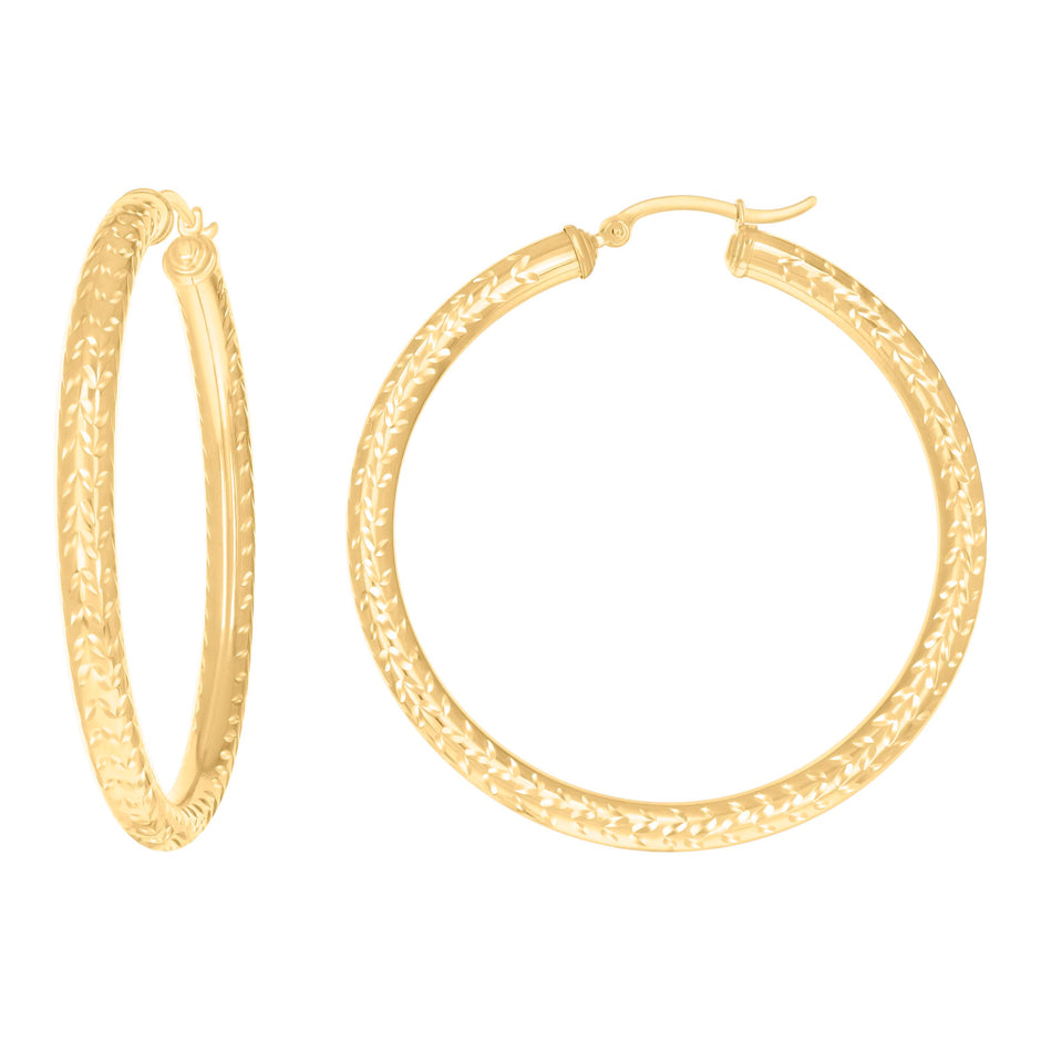 10kt Yellow Gold Womens Diamond-cut Round Tube Patterned Hoop Earrings 4mm-50 - SLV-133829
