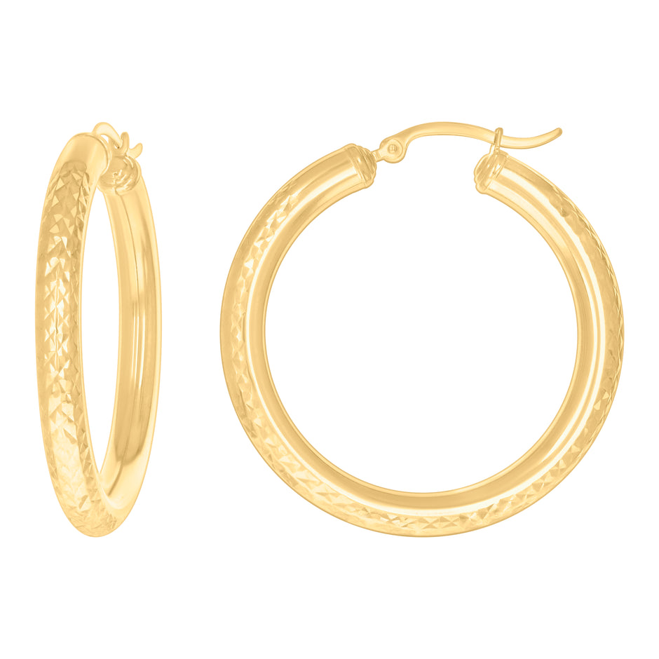 10Kt Yellow Gold Womens Round Tube Diamond-cut Patterned Fancy Hoop Earrings 4mm-38 - SLV-133847