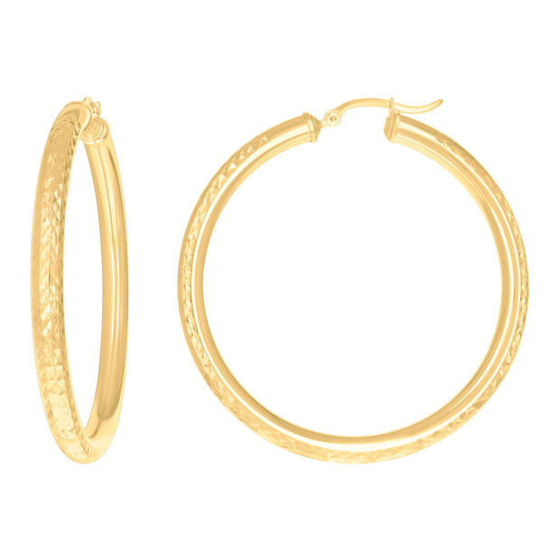 10Kt Yellow Gold Womens Round Tube Diamond-cut Patterned Fancy Hoop Earrings 4mm-50 - SLV-133848
