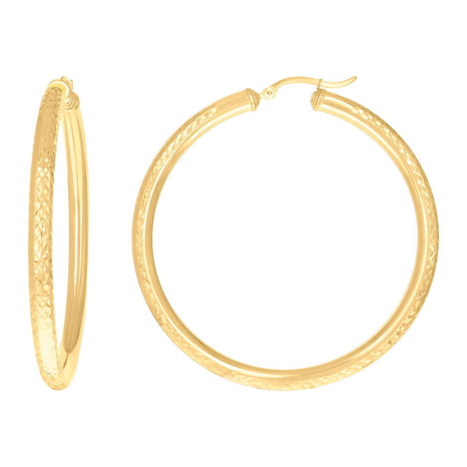 10Kt Yellow Gold Womens Round Tube Diamond-cut Patterned Fancy Hoop Earrings 4mm-57 - SLV-133849