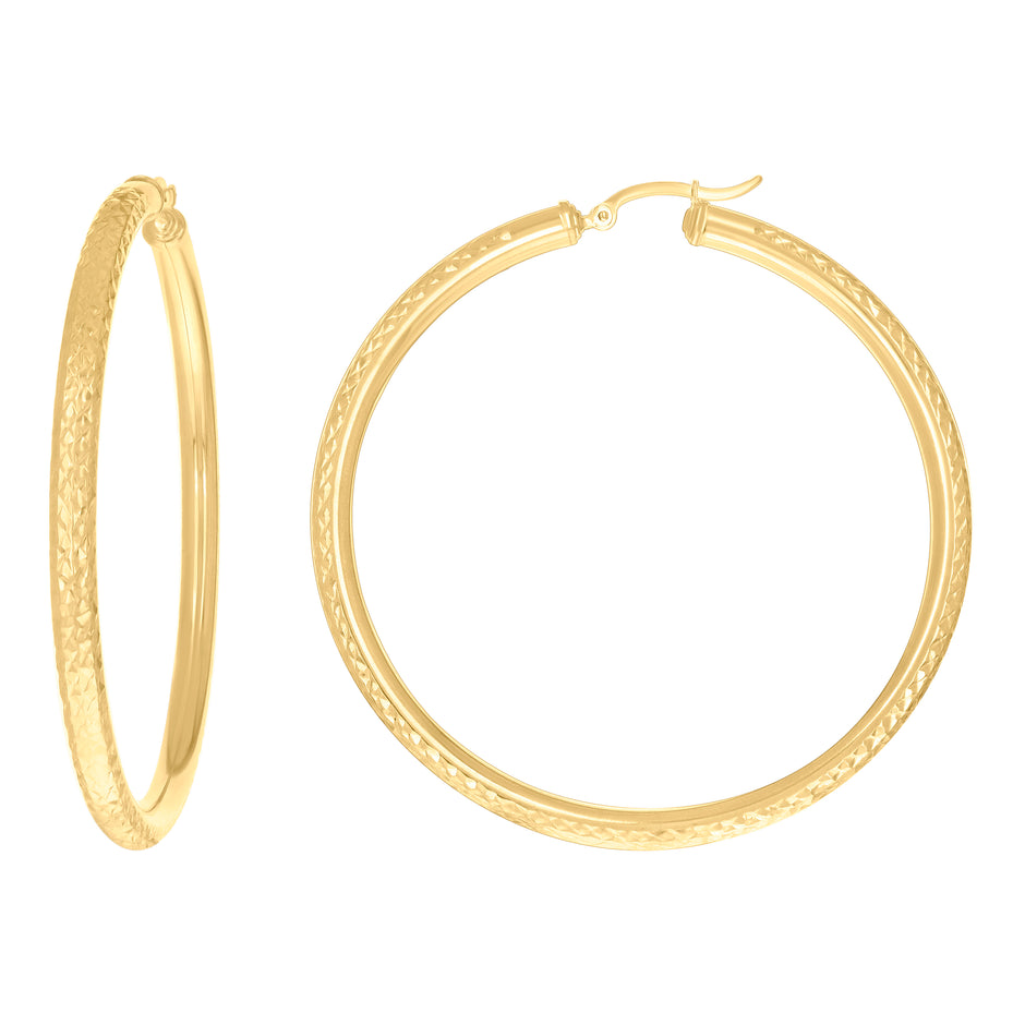 10Kt Yellow Gold Womens Round Tube Diamond-cut Patterned Fancy Hoop Earrings 4mm-63 - SLV-133850