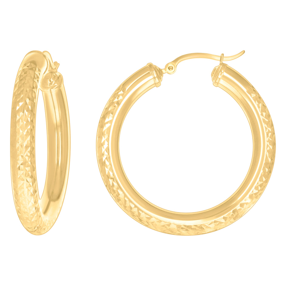10Kt Yellow Gold Womens Round Tube Diamond-cut Patterned Fancy Hoop Earrings 5mm-38 - SLV-133854