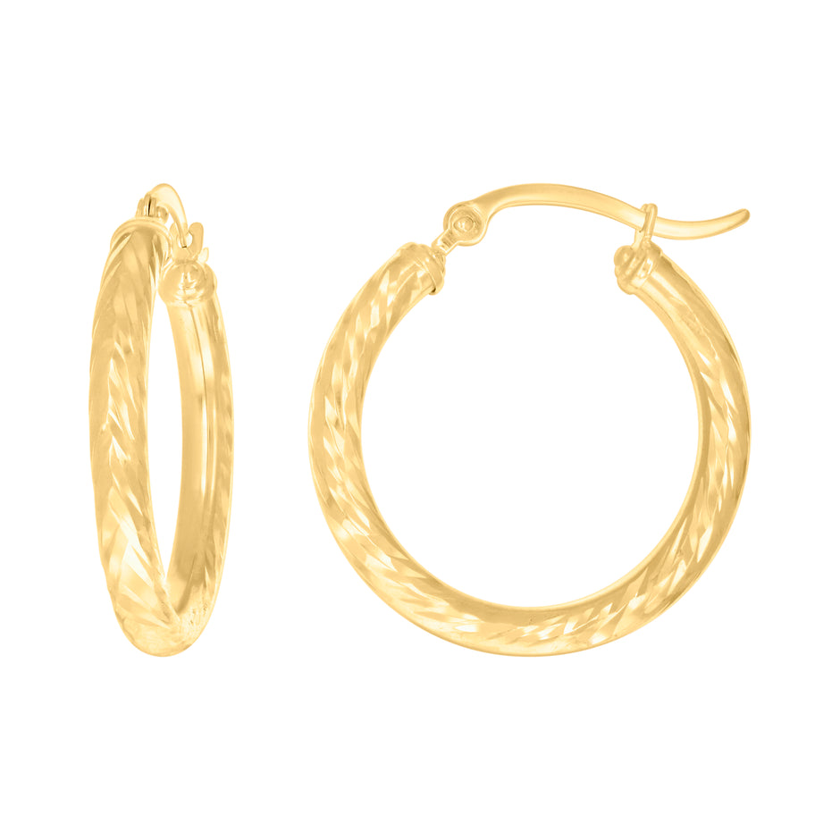 14Kt Yellow Gold Womens Round Tube Diamond-cut Patterned Fancy Hoop Earrings 3mm-25 - SLV-133857