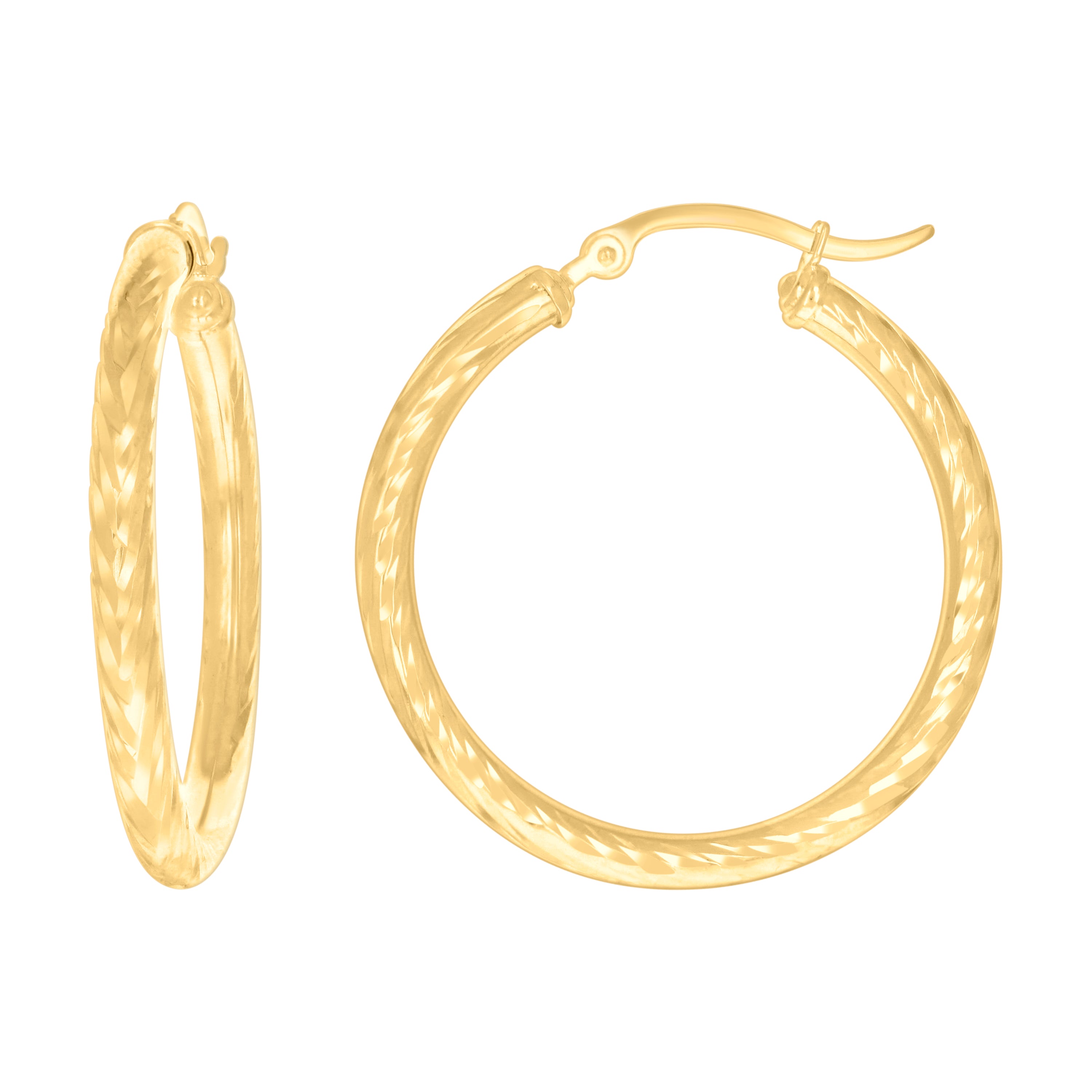 14Kt Yellow Gold Womens Round Tube Diamond-cut Patterned Fancy Hoop Earrings 3mm-31 - SLV-133858