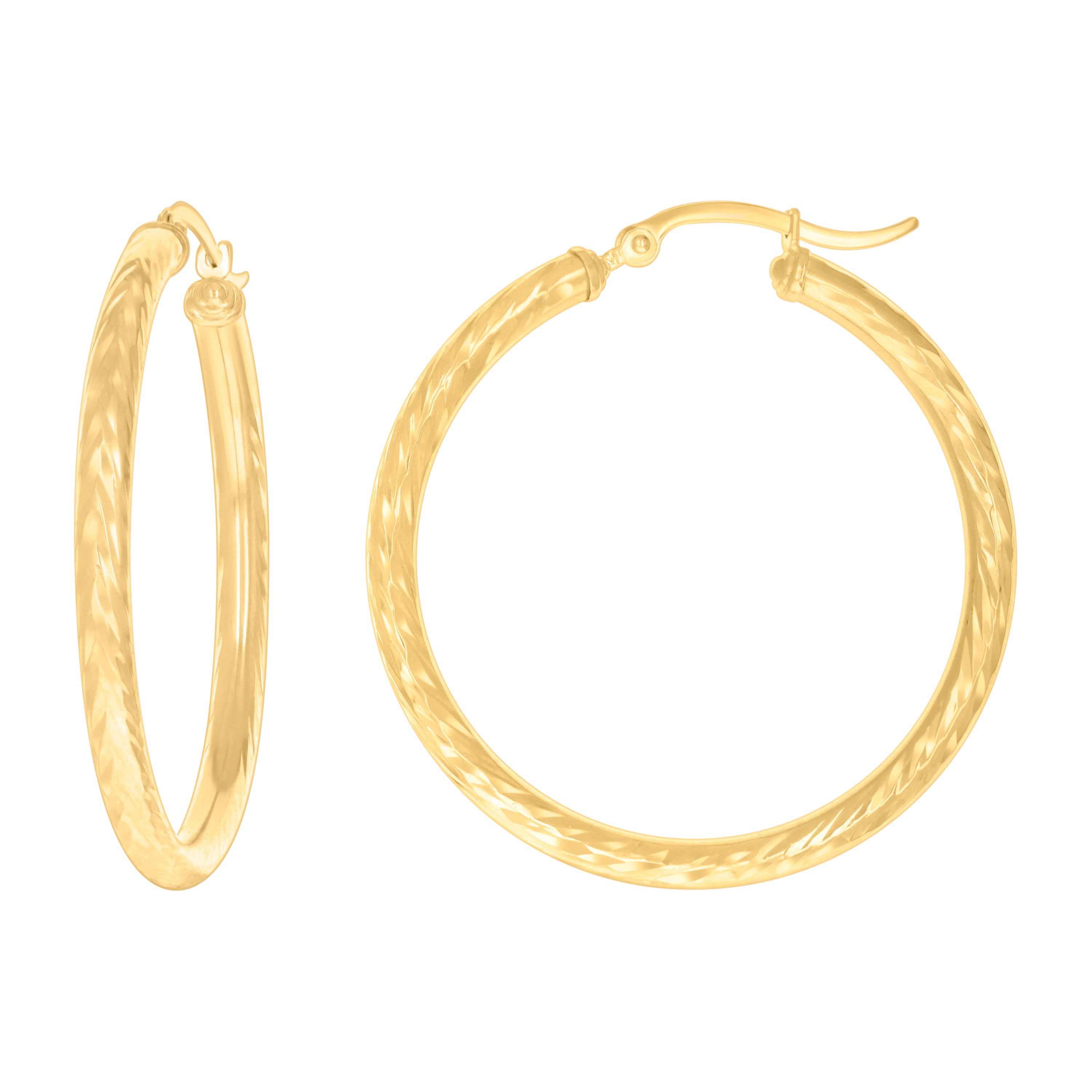 14Kt Yellow Gold Womens Round Tube Diamond-cut Patterned Fancy Hoop Earrings 3mm-38 - SLV-133859